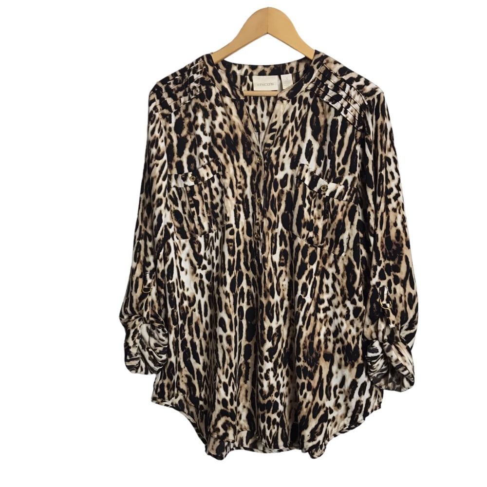 Chico's XL Size 3 Leopard Roll Tab Sleeve Button‎ Down Shirt Blouse Relaxed Fit